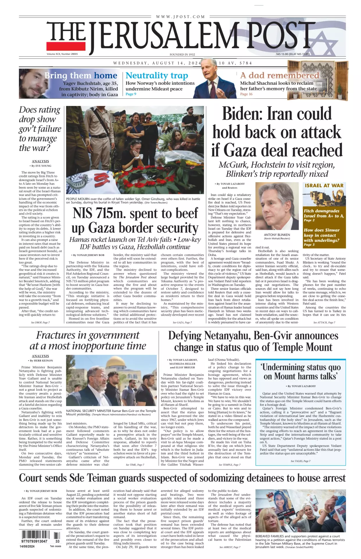 Prima-pagina-the jerusalem post-edizione-di-oggi-14-08-2024